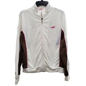 Puma Women's White Brown Pink Embroidered Logo Zip Front Athletic Jacket Size XL